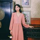 Retro Long-sleeve V Neck Gathered-waist Dress