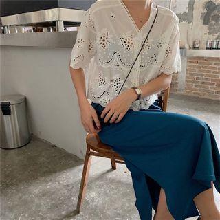 Short-sleeve Eyelet Lace Blouse / Midi A-line Skirt