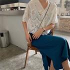 Short-sleeve Eyelet Lace Blouse / Midi A-line Skirt