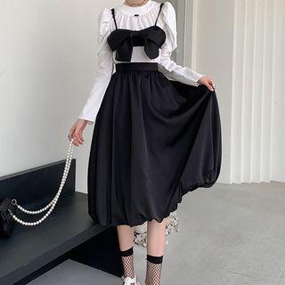 Plain Blouse / Bow Cropped Camisole Top / Midi Skirt