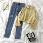 Long-sleeve Plaid Shirt / Ripped Skinny Jeans