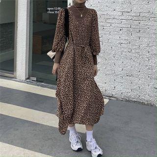 Mock-neck Puff-sleeve Floral Print Midi A-line Dress