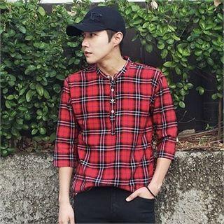 3/4-sleeve Half-placket Plaid Top