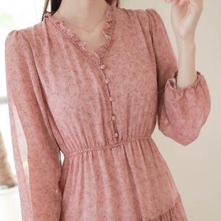 Frill-neck Floral Long Tiered Dress