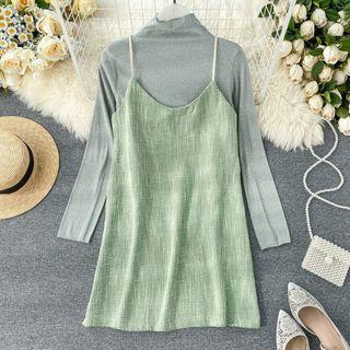 Set: Mock Neck Long-sleeve Top + Spaghetti Strap Mini Dress