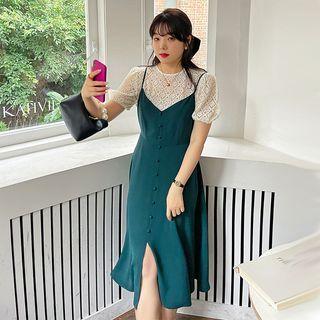 Set: Puff-sleeve Lace Top + Midi A-line Overall Dress