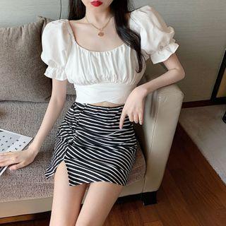 Puff-sleeve Cutout-back Cropped Blouse / Striped Slit Mini Pencil Skirt