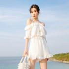 Set: Tie-back Bikini Top + Swim Shorts + Cold-shoulder Playsuit