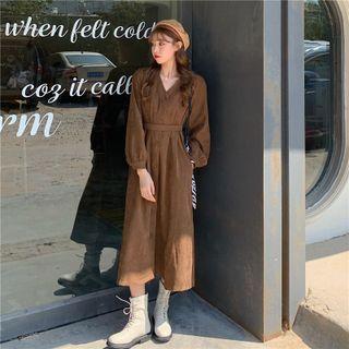 Long Sleeve V-neck Plain Corduroy Dress