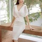 Short-sleeve Deep-v Neck Sheath Dress