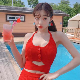 Halter Buttoned Cable-knit Tankini Set