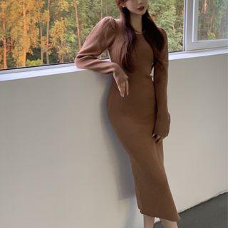 Square-neck Slit Knit Midi Bodycon Dress