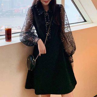 Lantern-sleeve Sequined Mesh Panel Slim Fit Dress