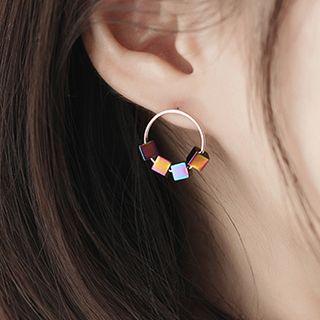 Beaded Hoop Stud Earring 1 Pair - Iridescent & Silver - One Size
