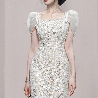 Short-sleeve Square-neck Lace Sheath Dress