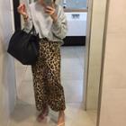 Plain Pullover / Leopard Print Midi Straight-fit Skirt