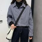 Long-sleeve Mock Two-piece Striped Shirt Dark Blue - One Size