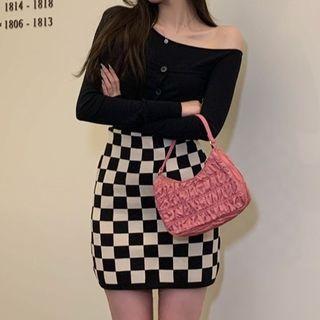 Off-shoulder Knit Top / Checker Print Midi Knit Dress