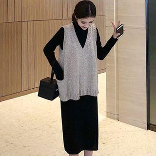 Turtleneck Plain Midi Dress / Sweater Vest / Set