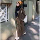 Long-sleeve Collared Plaid Woolen Coat Coffee - One Size