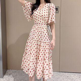 Short-sleeve Heart Print Tiered A-line Midi Dress