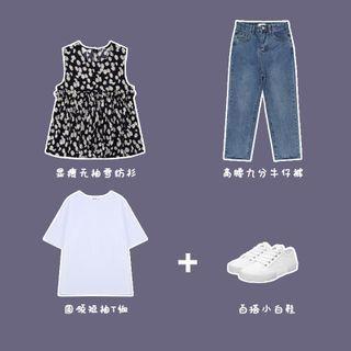 Short-sleeve T-shirt / Floral Print Ruffled Sleeveless Blouse / Straight-cut Jeans