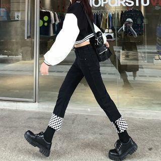 Checkerboard Panel Slim-fit Jeans / Baseball Jacket