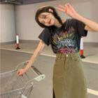 Short-sleeve Graphic Print T-shirt / Midi Pencil Skirt