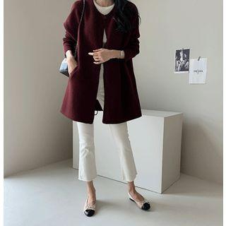 Round-neck Drop-shoulder Cardigan Wine Red - One Size