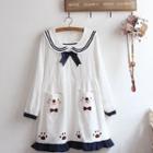 Collared Bear Embroidered Long-sleeve A-line Dress