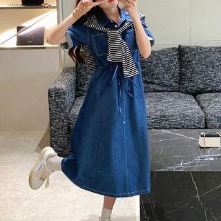Short-sleeve Denim Midi Shirt Dress / Striped Shawl