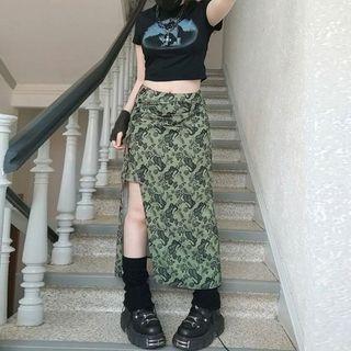Print High Waist Slit Skirt