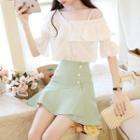 Elbow-sleeve Ruffled Cold Shoulder Top / A-line Mini Skirt