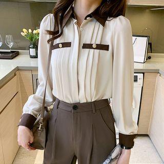 Contrast Collar Pintuck Blouse