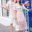 Couple Matching Printed Short-sleeve T-shirt / Printed Short-sleeve T-shirt Dress / Mesh Midi Skirt / Set