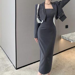 Spaghetti Strap Two Tone Bodycon Dress / Jacket