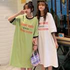 3/4-sleeve Contrast Trim Letter Midi T-shirt Dress