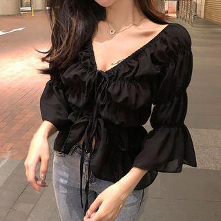 Bell-sleeve Crinkled Chiffon Top