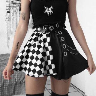 Checkerboard Print Panel Mini A-line Skirt