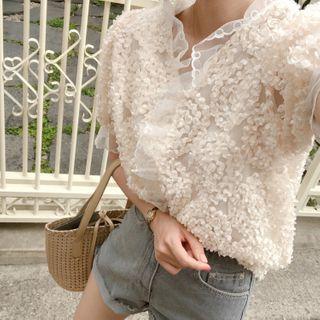 Puff-sleeve Lace Trim Panel Embroidered Blouse Almond - One Size