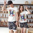 Couple Matching Set: Print Short-sleeve T-shirt + Shorts Women - White - Xl