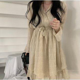Long-sleeve V-neck Chiffon Floral Dress