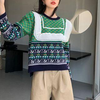 Color-block Crewneck Long-sleeve Sweater Green - One Size