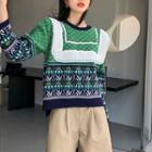 Color-block Crewneck Long-sleeve Sweater Green - One Size