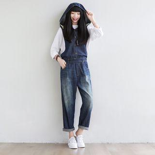 Hooded Denim Jumper Pants Dark Blue - One Size