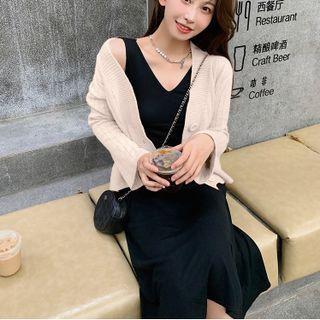 V-neck Plain Knit Knit Dress / Plain Button-up Cardigan