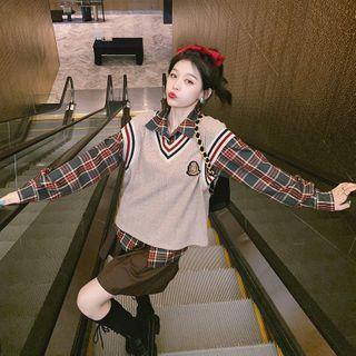 Plaid Shirt / Knit Vest / A-line Skirt