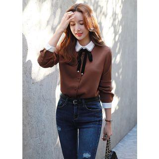 Velvet-tie Lace-collar Blouse