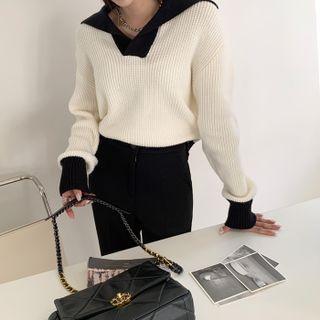 Open-placket Contrast-trim Rib-knit Top