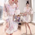 Set: Puff-sleeve Striped Cropped Blouse + A-line Skirt